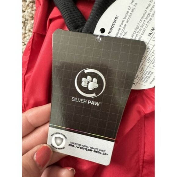 silver paw dog Red Rain Coat Size Medium Full Zip Bungee Cord Eliminate Mold - Picture 10 of 15